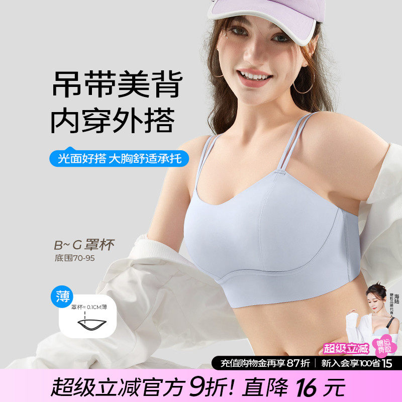 糖粒大胸大显小细肩带吊带美背背心式内衣大尺码胖mm运动薄款文胸