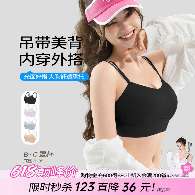 糖粒细肩带吊带美背背心式内衣大胸大显小运动大码胖mm薄款文胸罩