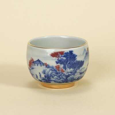 山居图聚香杯复古描金罗汉杯陶瓷主人杯大容量品茗茶杯釉里红茶盏