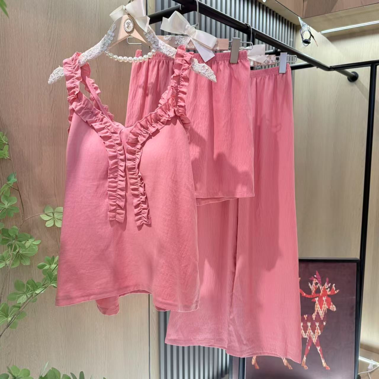 【带胸垫】新款玫粉色套装女款睡睡衣/家居服套装