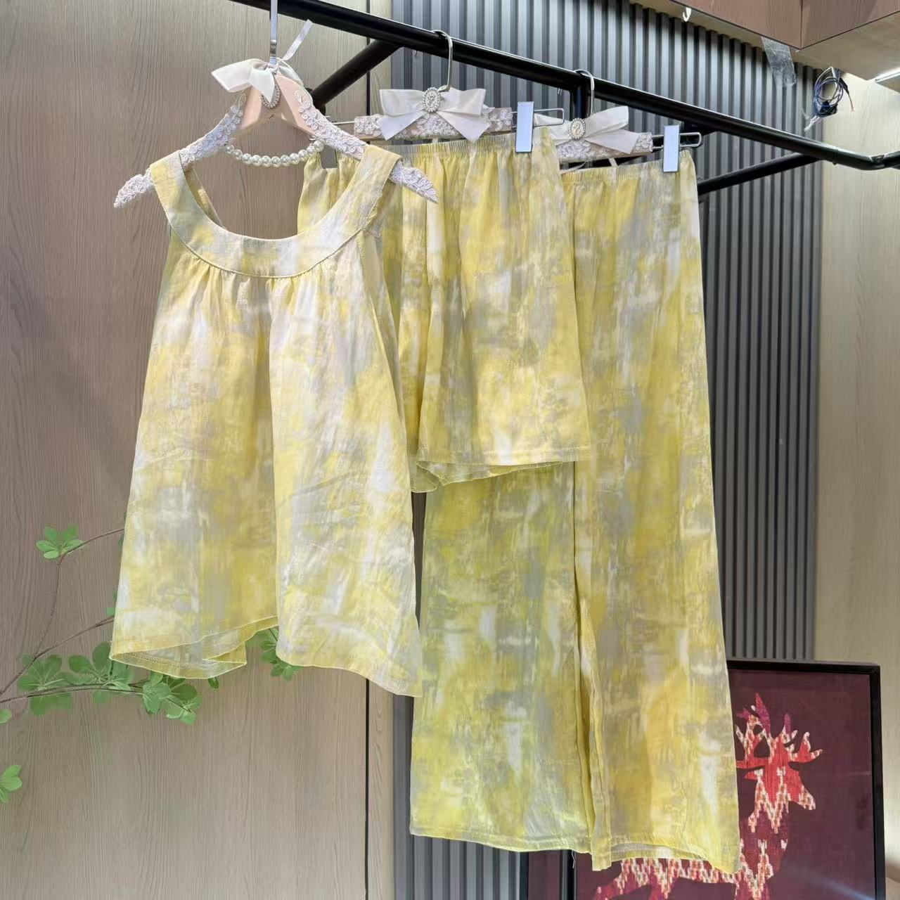 【带胸垫】新款黄色扎染睡裙女款睡衣/家居服套装