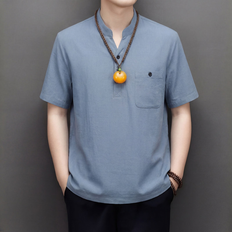 62508款唐装套装亚麻t恤男汉服
