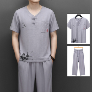 短袖 男夏季 中国风全棉套装 盘扣P53 汉服复古唐装 中山装 男士 3826款