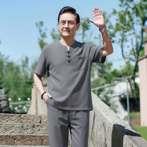 0724款夏季中年男装亚麻套装宽松休闲爸爸短袖中老年棉麻爷爷P85