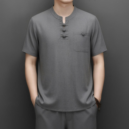 0724款夏季中年男装亚麻套装宽松休闲爸爸短袖中老年棉麻爷爷P85