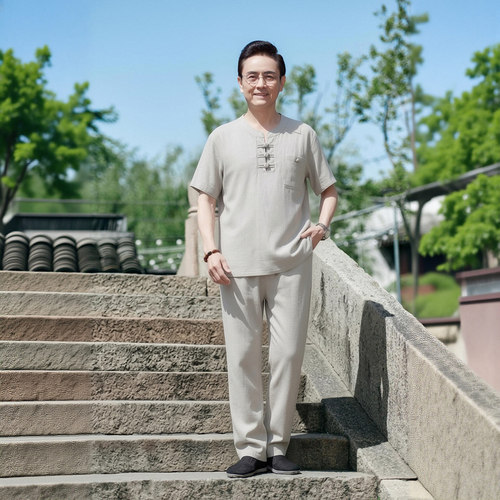 0724款夏季中年男装亚麻套装宽松休闲爸爸短袖中老年棉麻爷爷P85