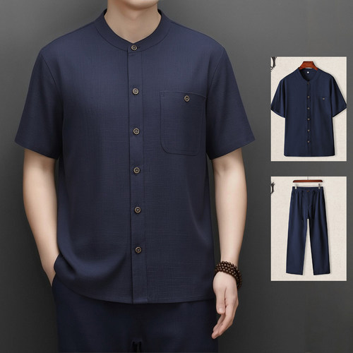 0624A款爸爸棉麻套装唐装男短袖衬衫夏装中老年爷爷亚麻衣服P85