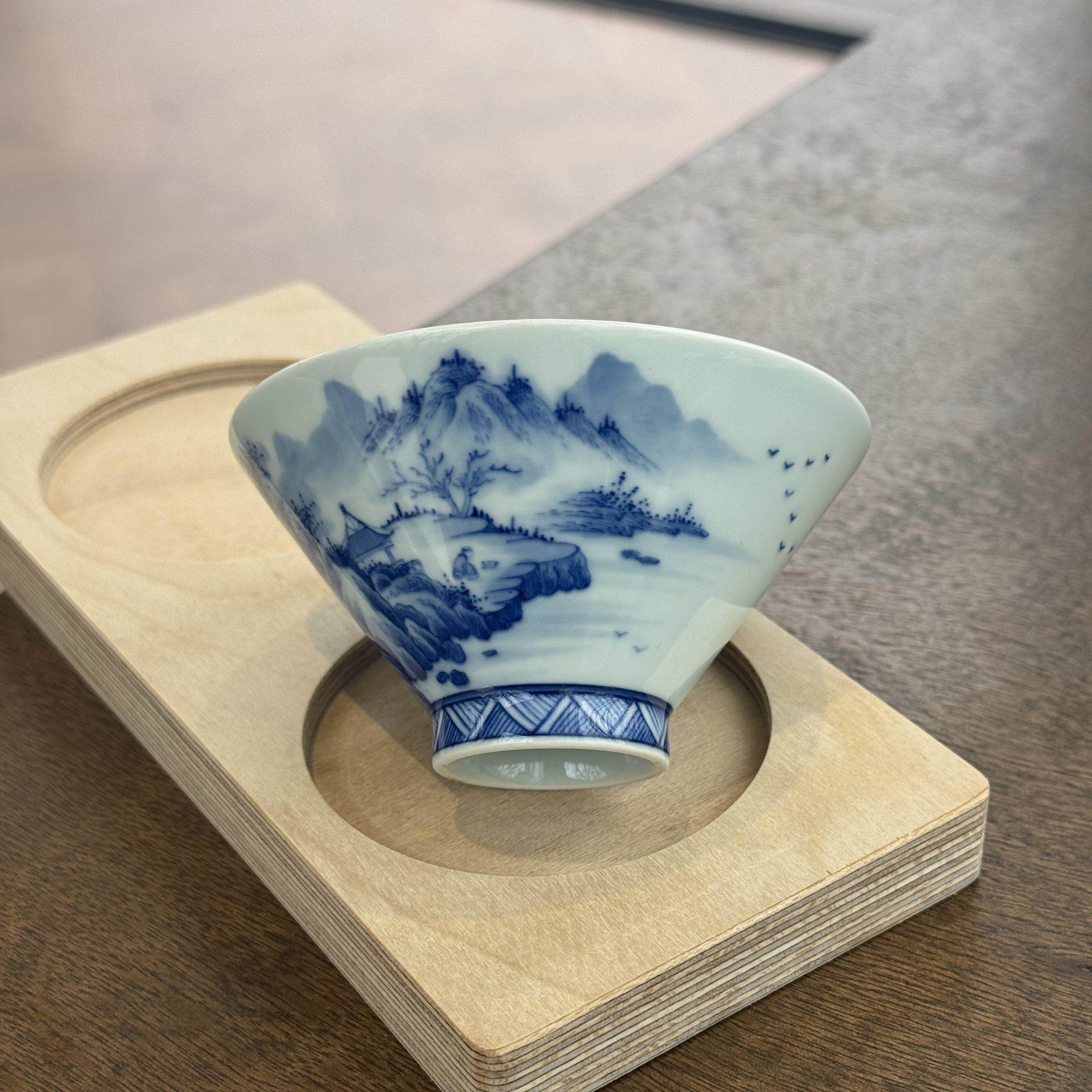 景德镇柴窑制作 青花瓷山水斗笠杯精工纯手工釉下手绘青花主人杯