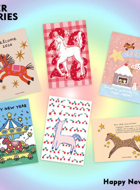 |4ES| 幸运小马 2026马年新年手绘卡通明信片墙贴拍照装饰卡片