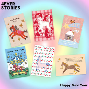 |4ES| 幸运小马 2026马年新年手绘卡通明信片墙贴拍照装饰卡片