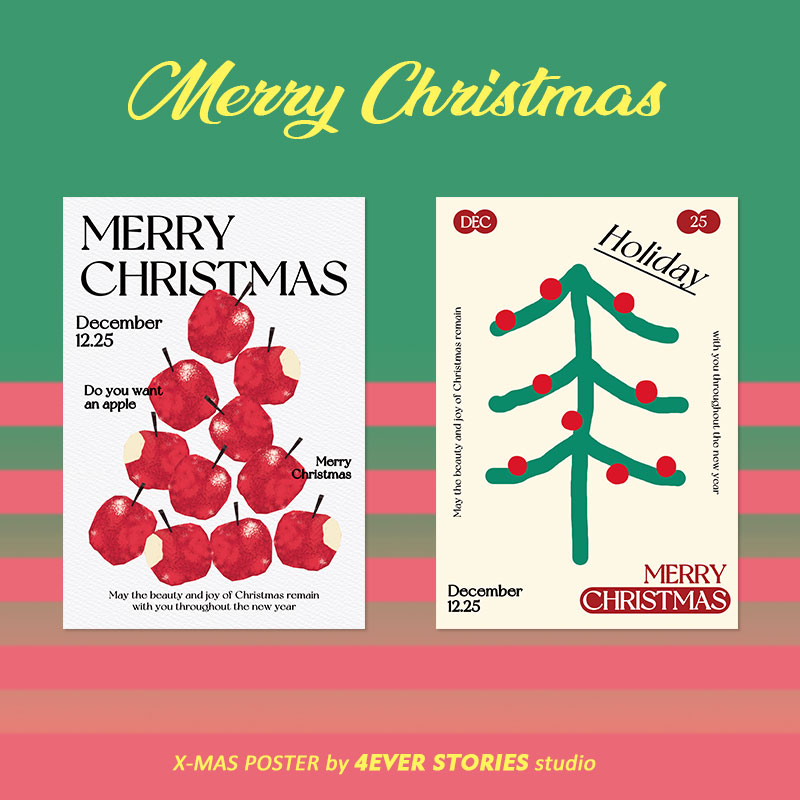 4ES | Merry Christmas苹果树01可爱手绘风格 圣诞咖啡厅装饰海报