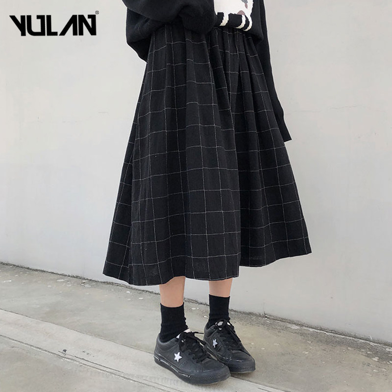 2020年复古格子半身裙女秋冬韩版高腰中长款a字百褶裙子仙女森系