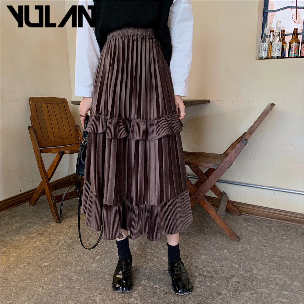灯芯绒百褶裙子仙女森系中长款不规则港味复古高腰半身裙秋冬女秋