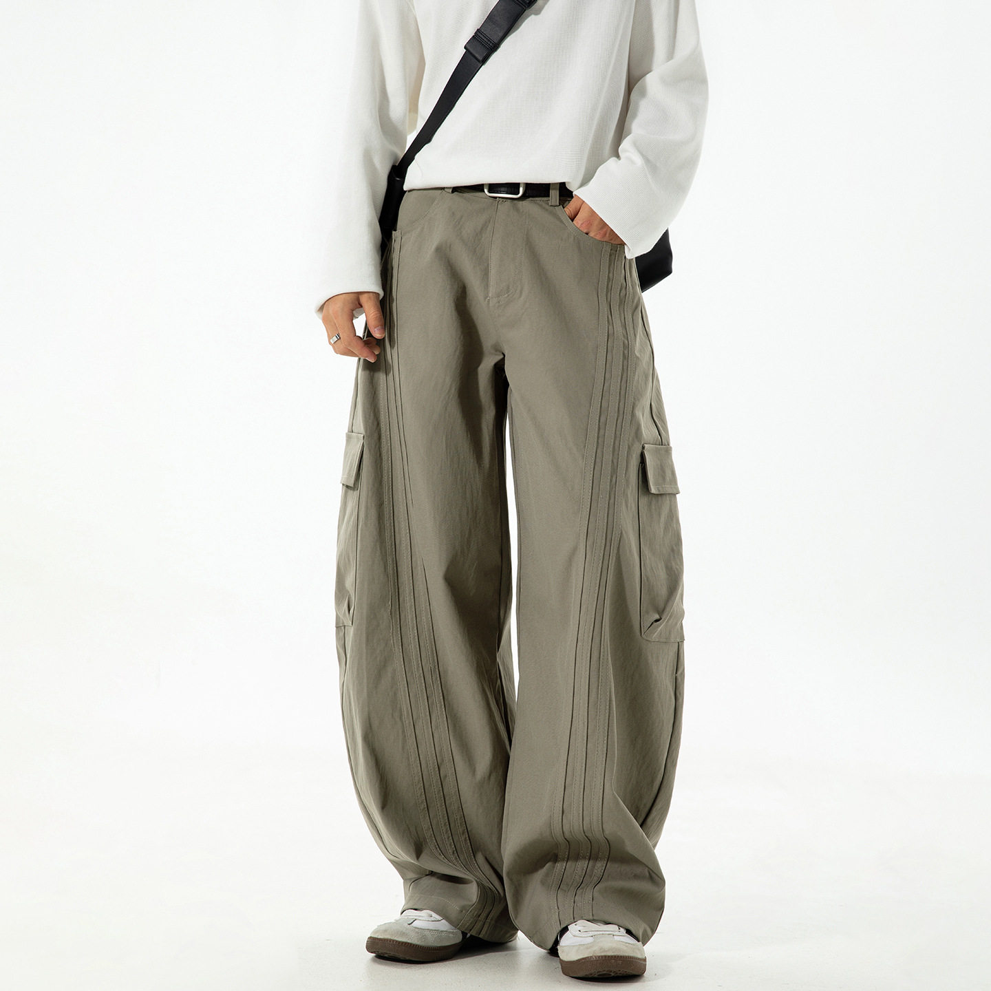 ONES独作美式复古拼接杠条弯刀裤男春款立体大口工装休闲裤长裤子