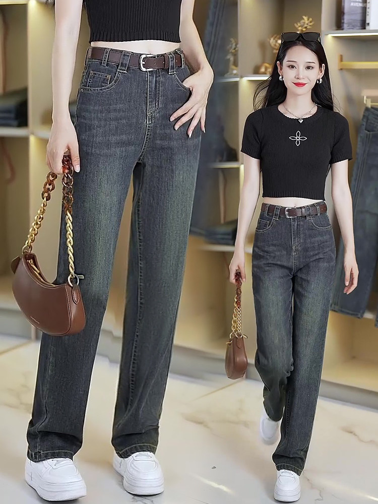 高档秋冬加绒加厚水泥灰阔腿牛仔裤女九分烟管小个子窄版直筒长裤