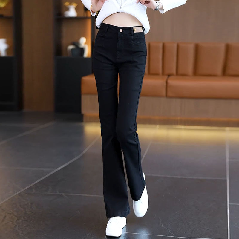高档直筒黑色牛仔裤女长裤微喇裤秋冬加绒加厚马蹄裤纯棉微喇叭裤