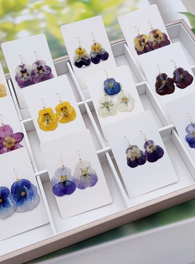 天然真花压花耳饰多色角堇滴胶耳环森系干花标本耳坠手工文创配饰