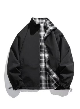 春秋季立领男士夹克纯色格子撞色两面穿外套美式休闲潮牌宽松上衣
