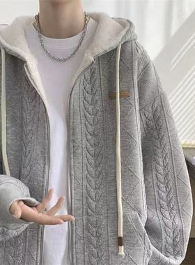 羊羔毛外套男冬季加绒加厚棉衣宽松休闲港风情侣装青少年连帽卫衣