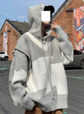 黑白拼接假两件针织衫卫衣男秋冬款高级感慵懒风oversize连帽外套