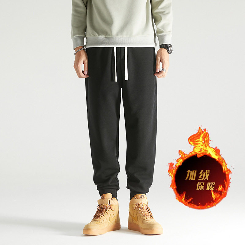 2025冬装男宽松男士运动裤束脚裤青少年针织休闲裤灰色加绒卫裤