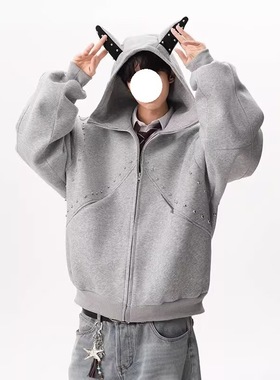 美式铆钉杜宾犬耳朵连帽卫衣男女秋季宽松设计感短款开衫休闲外套