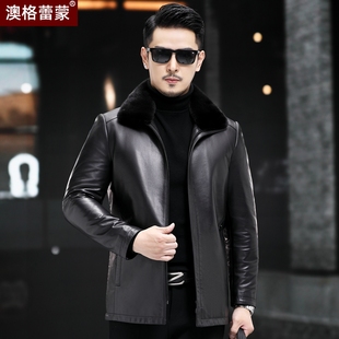 真皮皮衣男士头层牛皮羽绒服水貂翻领中长款中老年加厚外套爸爸装