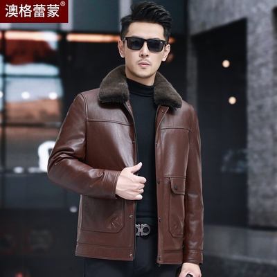 加厚保暖头层牛皮夹克短款翻领