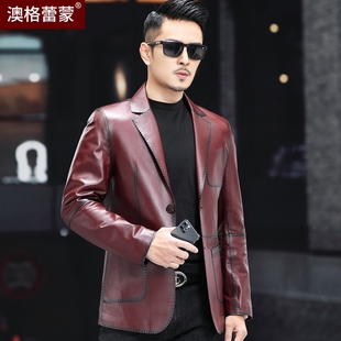 秋冬新款绵羊皮真皮西装海宁真皮皮衣男士短款修身皮夹克西服外套