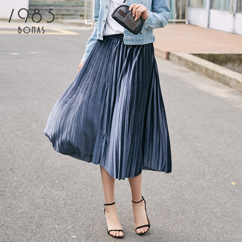 宝娜斯1985新款半身裙春秋流光裙中长款a字遮胯显瘦高腰百褶长裙