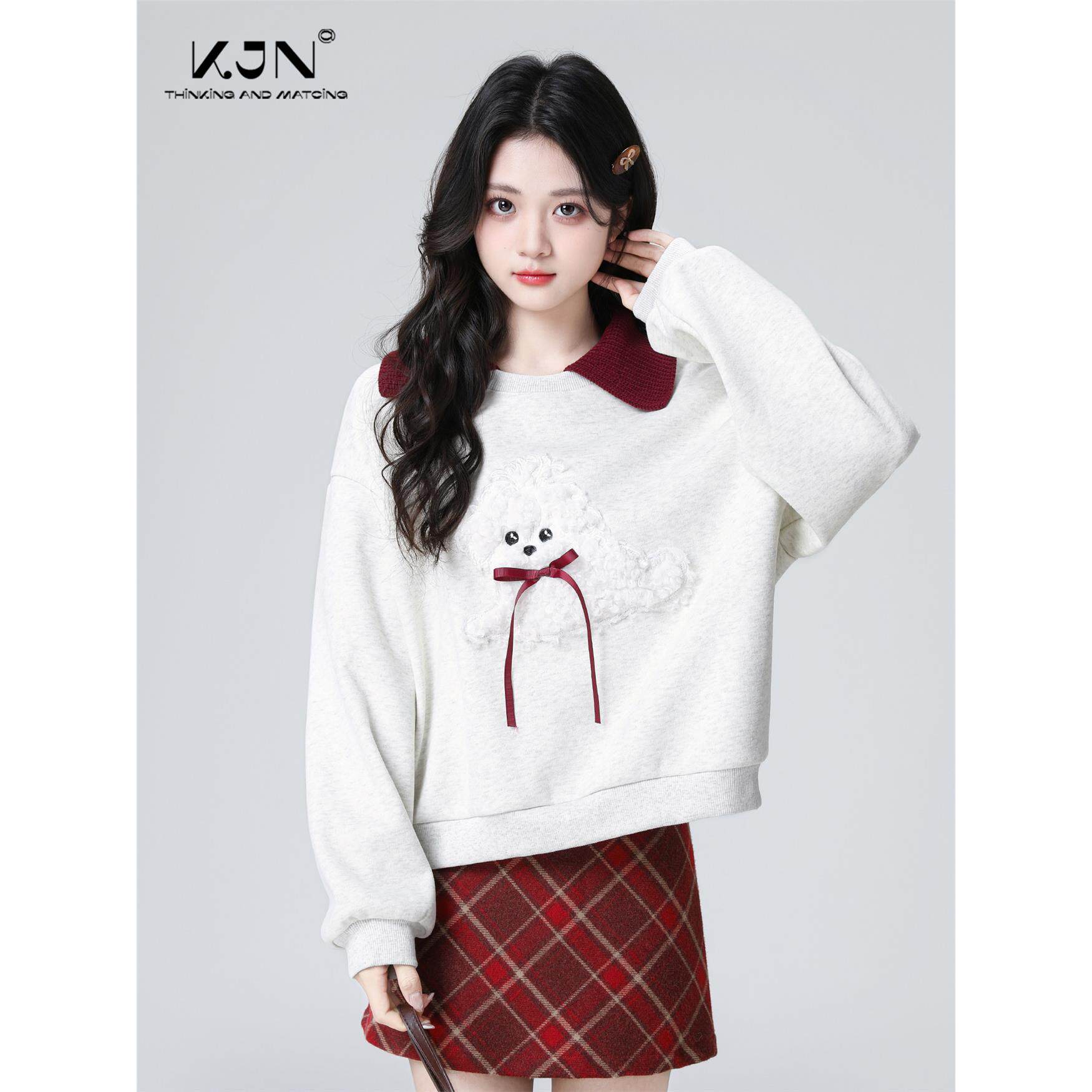 灰色翻领加绒卫衣女秋冬2025秋新款蝴蝶结撞色宽松polo领无帽上衣