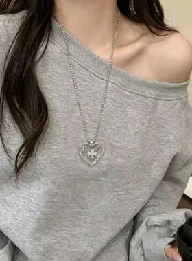 Y2K辣妹甜酷风透明爱心珍珠拼接钛钢长项链女ins小众十字架毛衣链