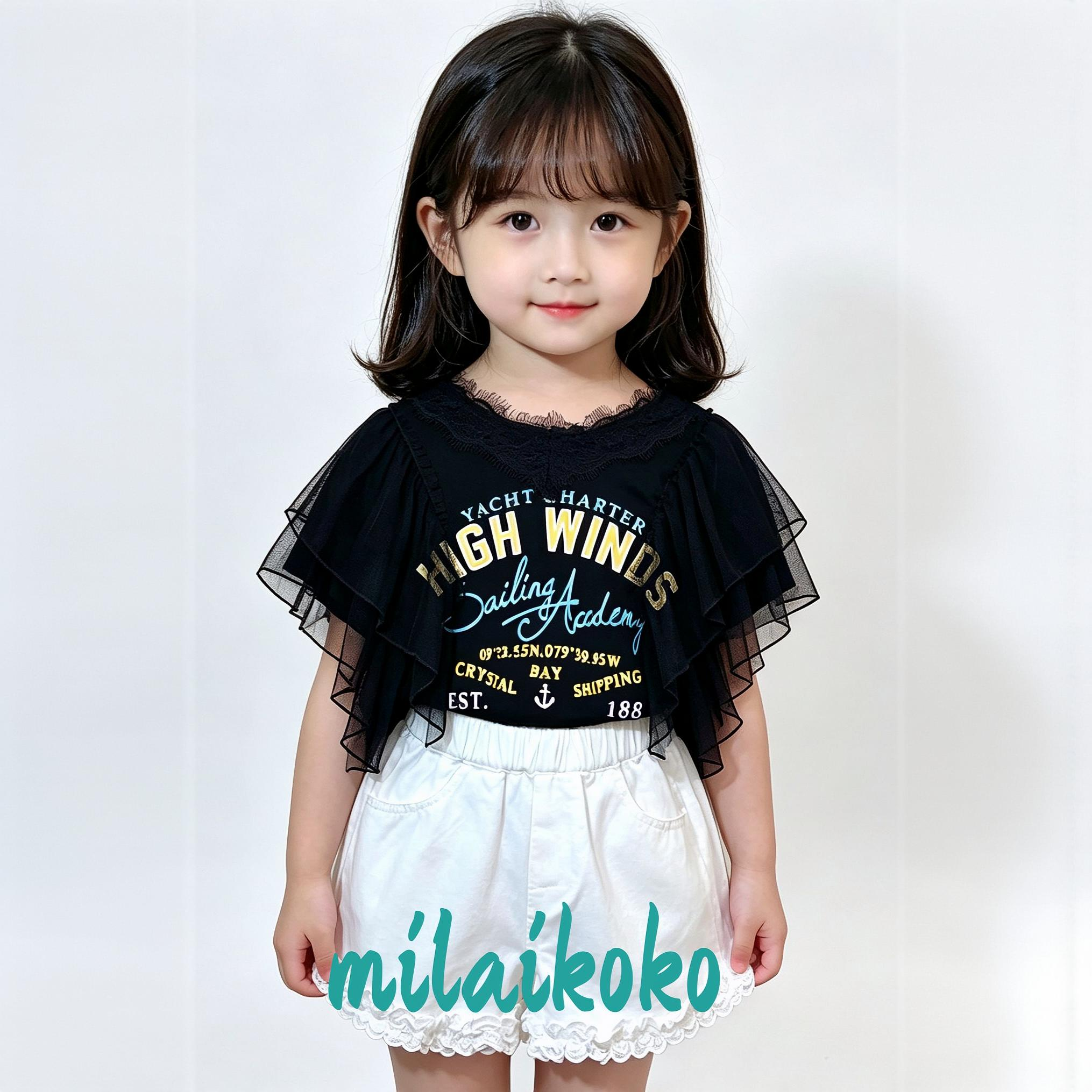 米莱milailkoko夏季韩版女童领女网纱V领网纱荷叶袖T恤木耳边短裤