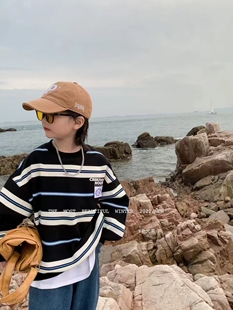 新元素中大童秋冬韩版男童条纹加绒卫衣痞帅一体绒休闲百搭T恤