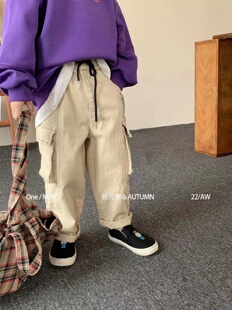 新元素中大童春秋韩版男女童直筒囗袋工装裤宽松百搭潮帅休闲长裤