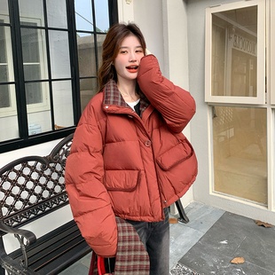 欧洲站短款羽绒服女格子围脖宽松显瘦90白鸭绒外套6113P295K438