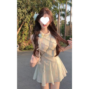 温柔甜美风设计感无袖 薄荷漫波 法式 夏季 收腰显瘦公主连衣裙 新款