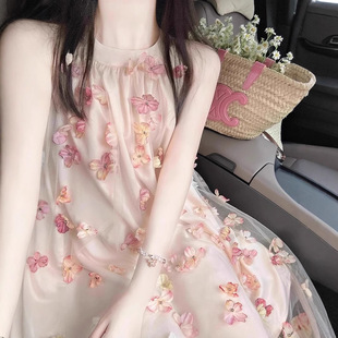 法式 甜美少女小个子海边度假氛围感 浪漫无袖 挂脖连衣裙女夏季