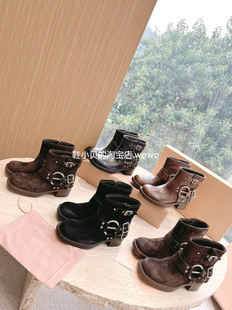 顶版真皮圆头复古擦色短靴2023新款欧洲站走秀时装靴英伦马丁靴女