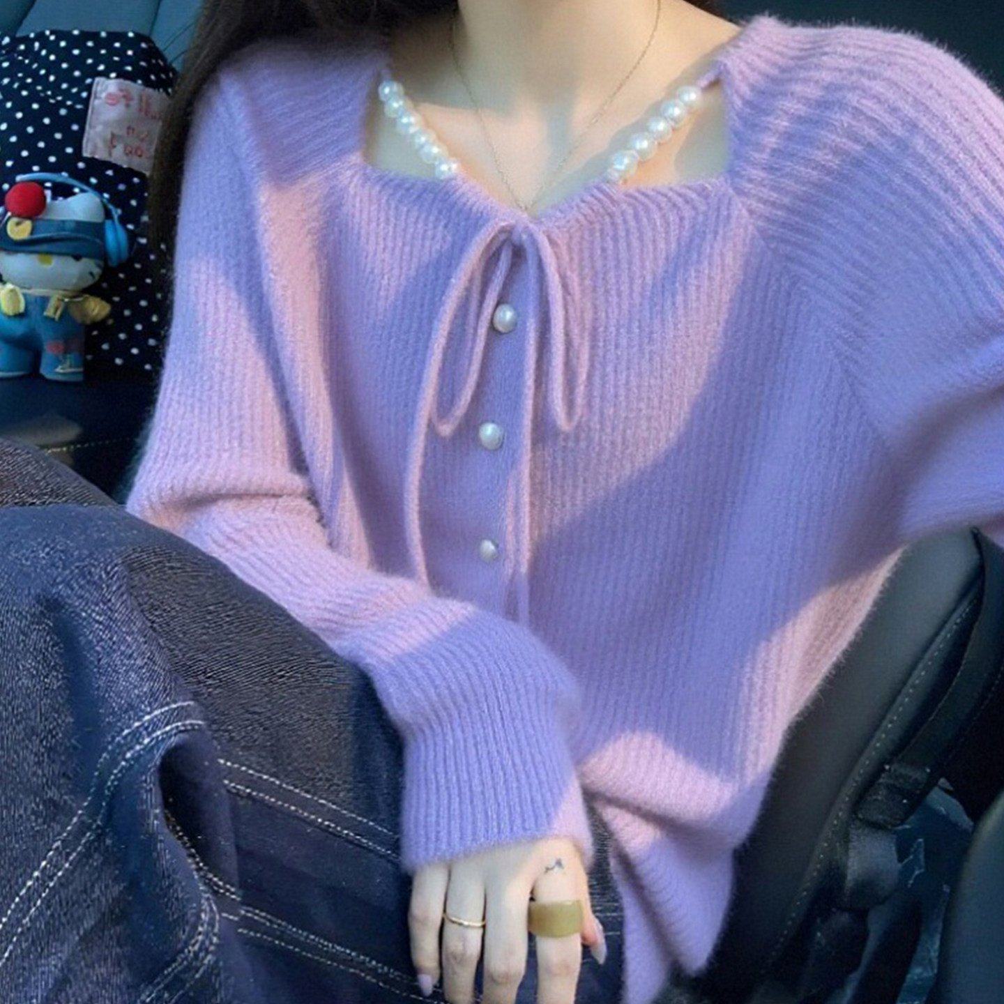 甜美风紫色蝴蝶结系带针织开衫女秋冬季新款时尚洋气百搭毛衣外套,女装/女士精品,毛针织衫,淘宝优惠券,粉丝福利购,淘宝优惠卷