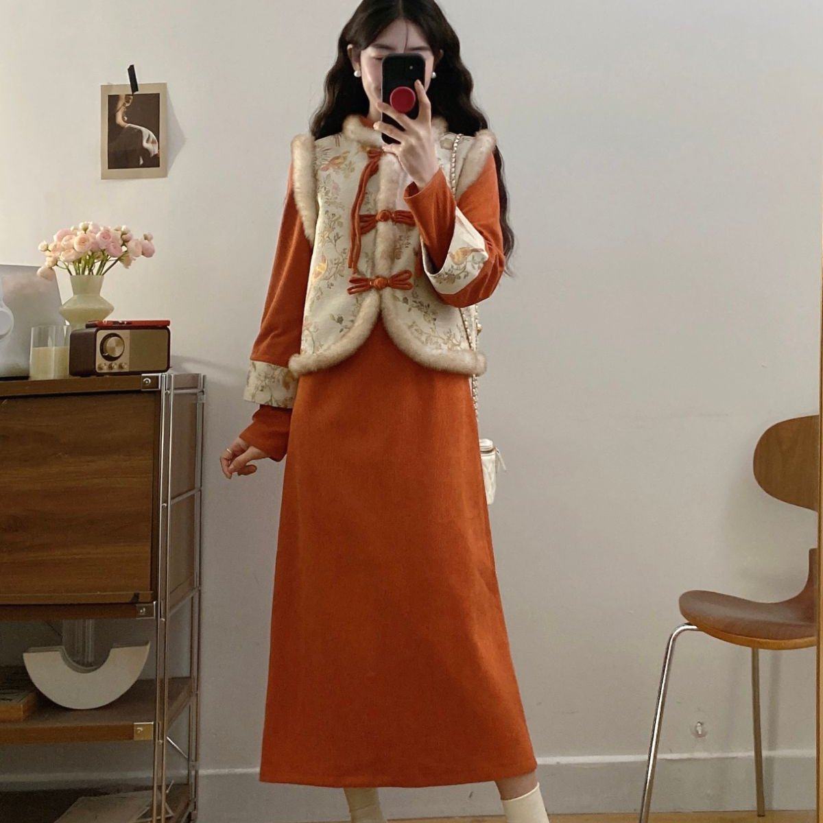 实拍大码2025冬季新款新中式国风加绒旗袍连衣裙盘扣马甲两件套,女装/女士精品,大码套装,淘宝优惠券,粉丝福利购,淘宝优惠卷