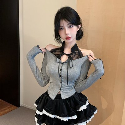 实拍 茶系性感挂脖蕾丝拼接蝴蝶结长袖上衣黑色蓬蓬蛋糕裙