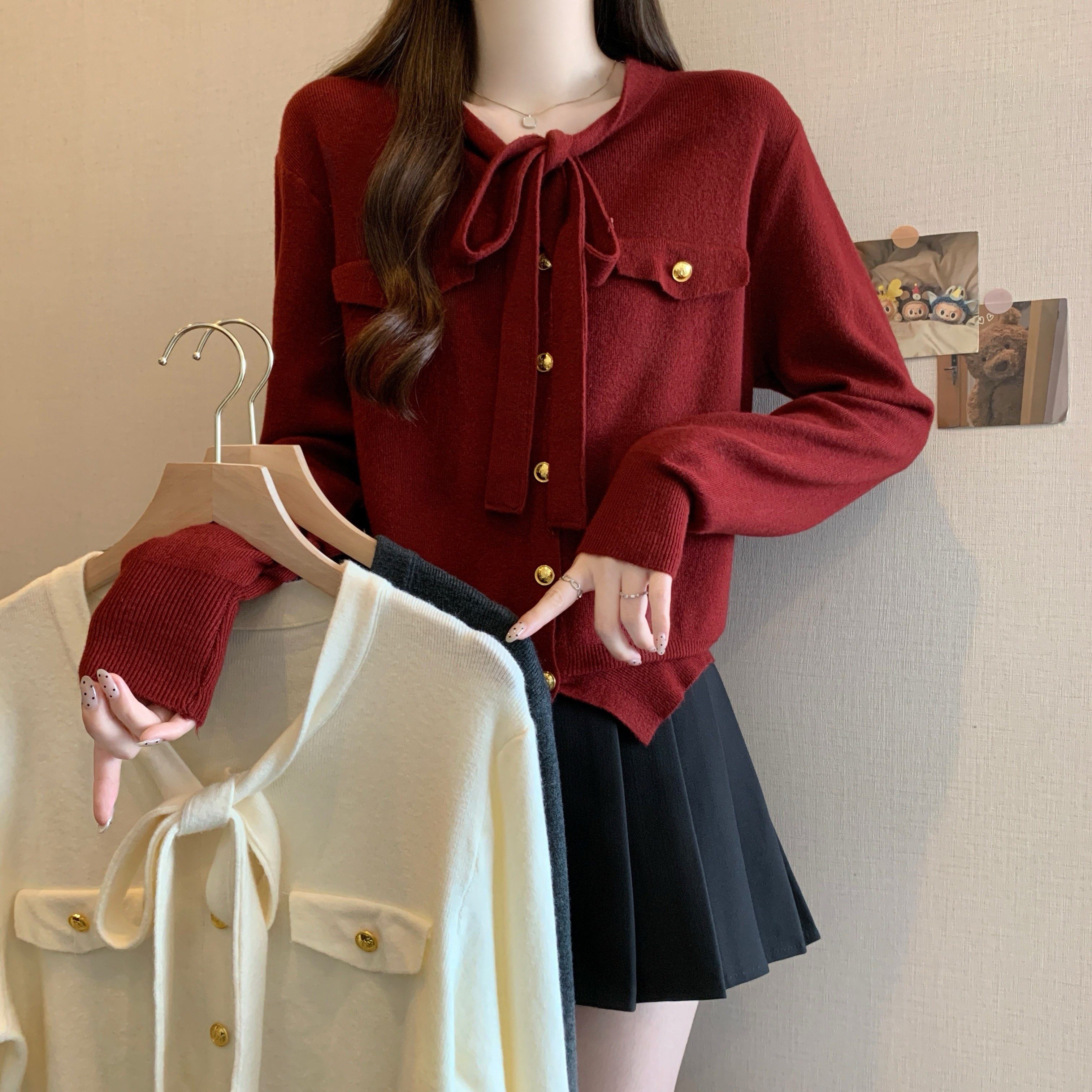 实拍大码秋冬小香风短款针织开衫毛衣女胖MM法式蝴蝶结系带打底衫,女装/女士精品,大码内搭,淘宝优惠券,粉丝福利购,淘宝优惠卷