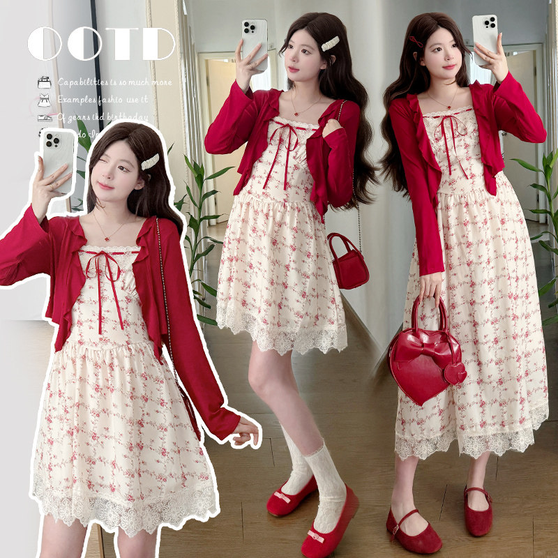 现现~~实拍2026蕾丝拼接碎花吊带连衣裙+开衫孕妇两件套,孕妇装/孕产妇用品/营养,套装,淘宝优惠券,粉丝福利购,淘宝优惠卷