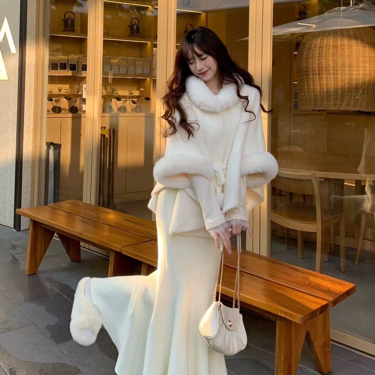 新中式汝韵百搭温柔仙女加厚斗篷披肩配旗袍冬保暖毛绒领外搭