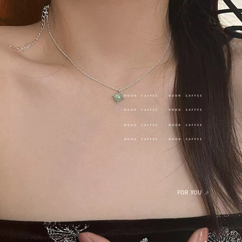 银神925银绿色小石头吊坠项链女