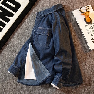 男宽松大码 牛仔衬衫 衬衣工地干活劳保耐磨休闲工作服 纯棉长袖 春季