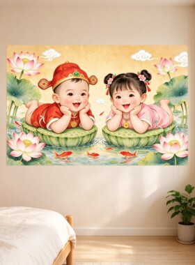 新款年画娃娃助孕备孕娃娃海报墙贴男女双胞胎龙凤胎床头画送子图