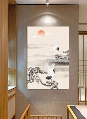 中式国潮仙鹤装饰贴画店铺办公室玄关挂画客厅古风松鹤延年自贴画