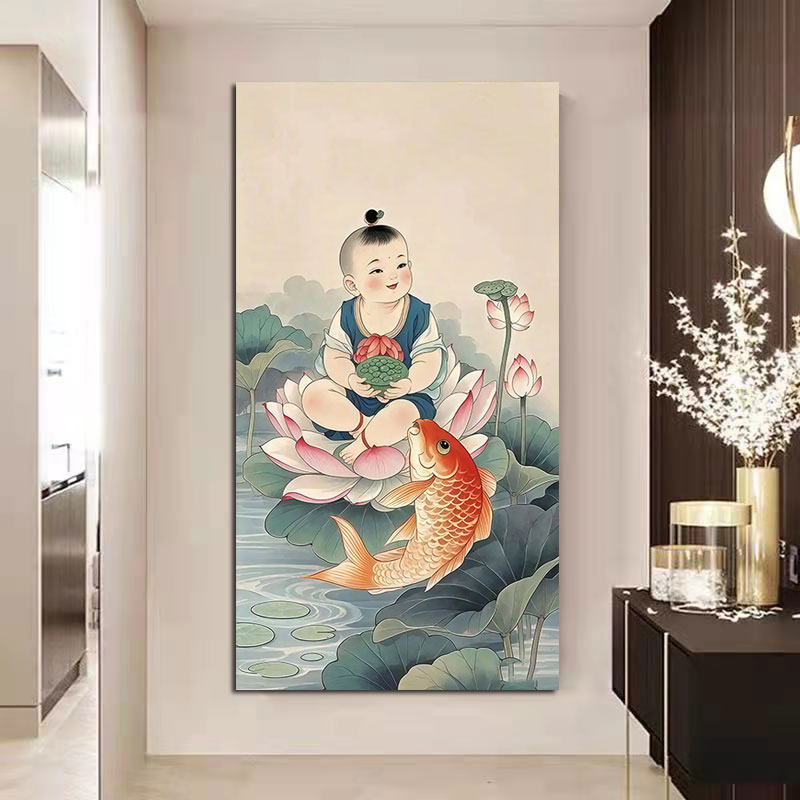 年年有余娃娃福娃卧室客厅年画鲤鱼宝宝挂画喜庆装饰房间墙壁贴画